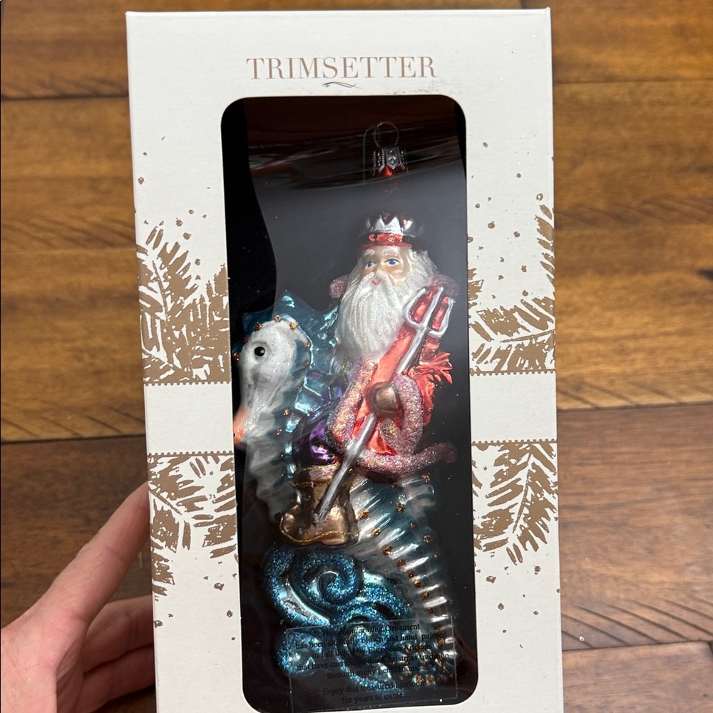 Santa Riding Seahorse Ornament - Red, Blue, Silver